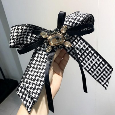 Fashion plaid rhinestone gemstone oversized bow brooch shirt brooch pin for women